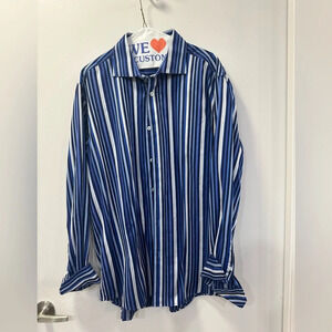 Bugatchi Men XL Shaped Fit Long Sleeve Blue Striped Dress Shirt